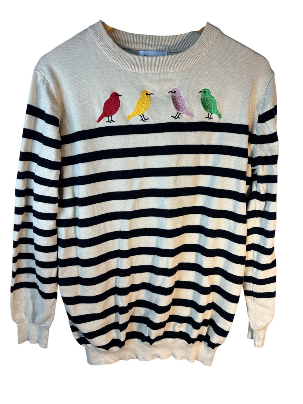 Oxknit Women's Sweater Size 2X Birds Stripes Art to Wear Cotton Teacher Enbroid